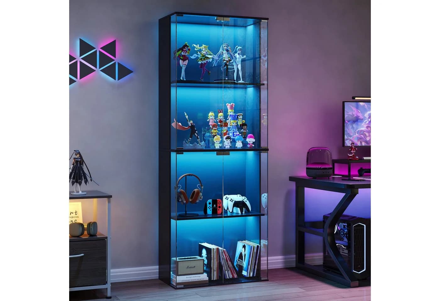 SVEYLXA Vitrine Modern Schwarz/Weiß mit LED-Beleuchtung & Glastüren
