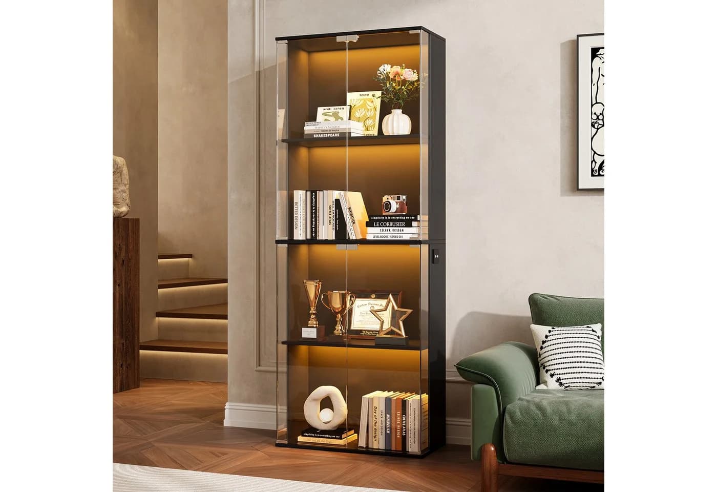 SVEYLXA Vitrine Modern Schwarz/Weiß mit LED-Beleuchtung & Glastüren - Bild 2