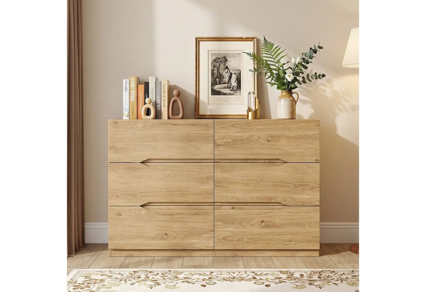 SVEYLXA Kommode 6 Schubladen Holzoptik Beige Modern