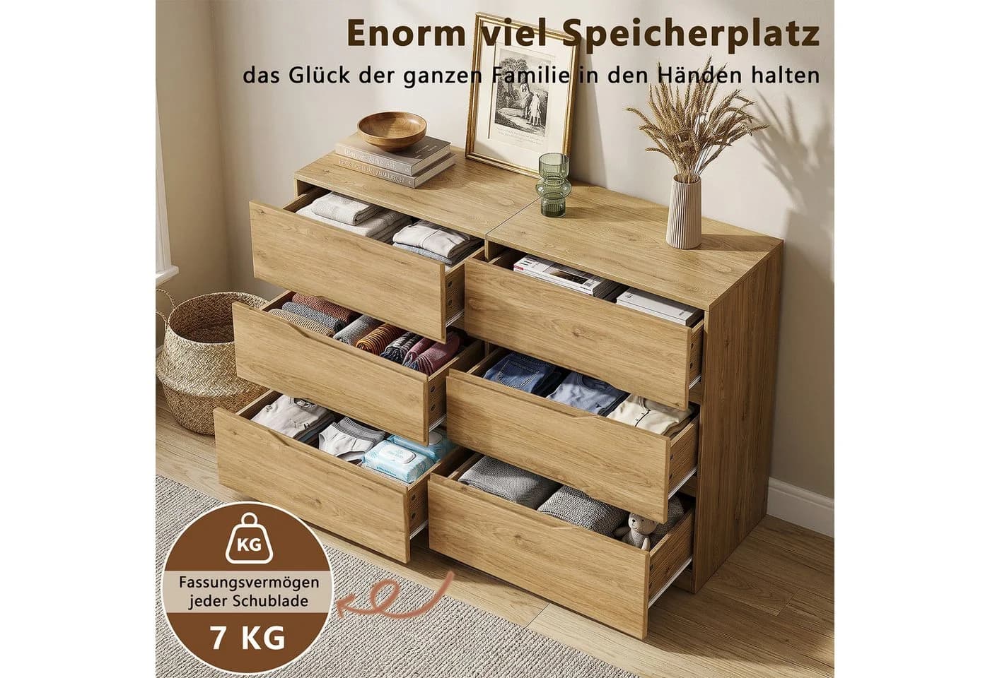 SVEYLXA Kommode 6 Schubladen Holzoptik Beige Modern - Bild 5