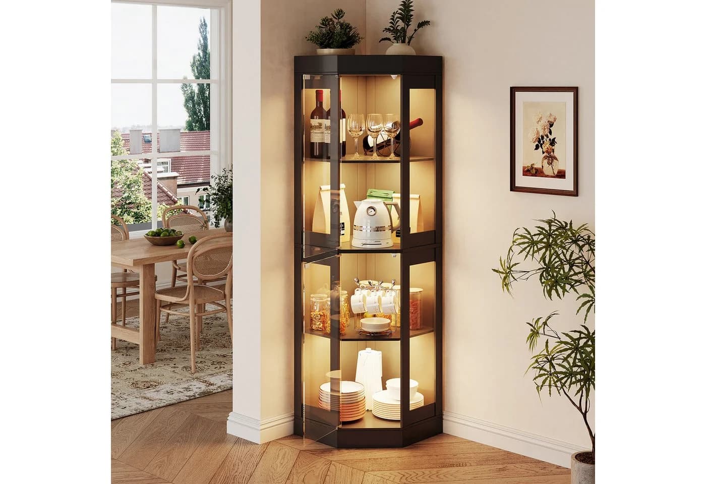 SVEYLXA Eckvitrine mit LED-Beleuchtung und Glastüren Schwarz