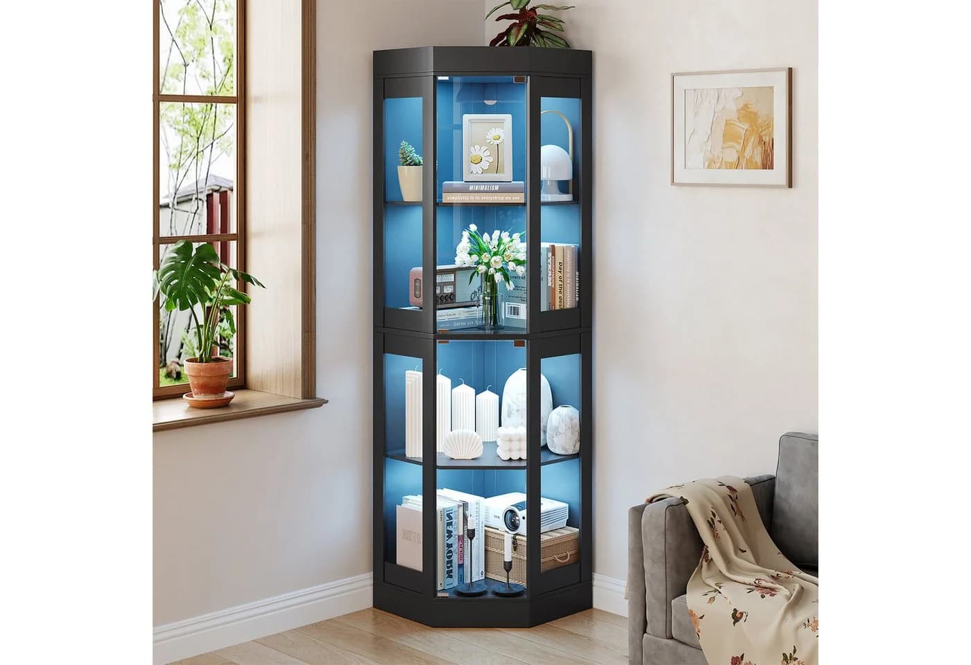 SVEYLXA Eckvitrine mit LED-Beleuchtung und Glastüren Schwarz - Bild 3