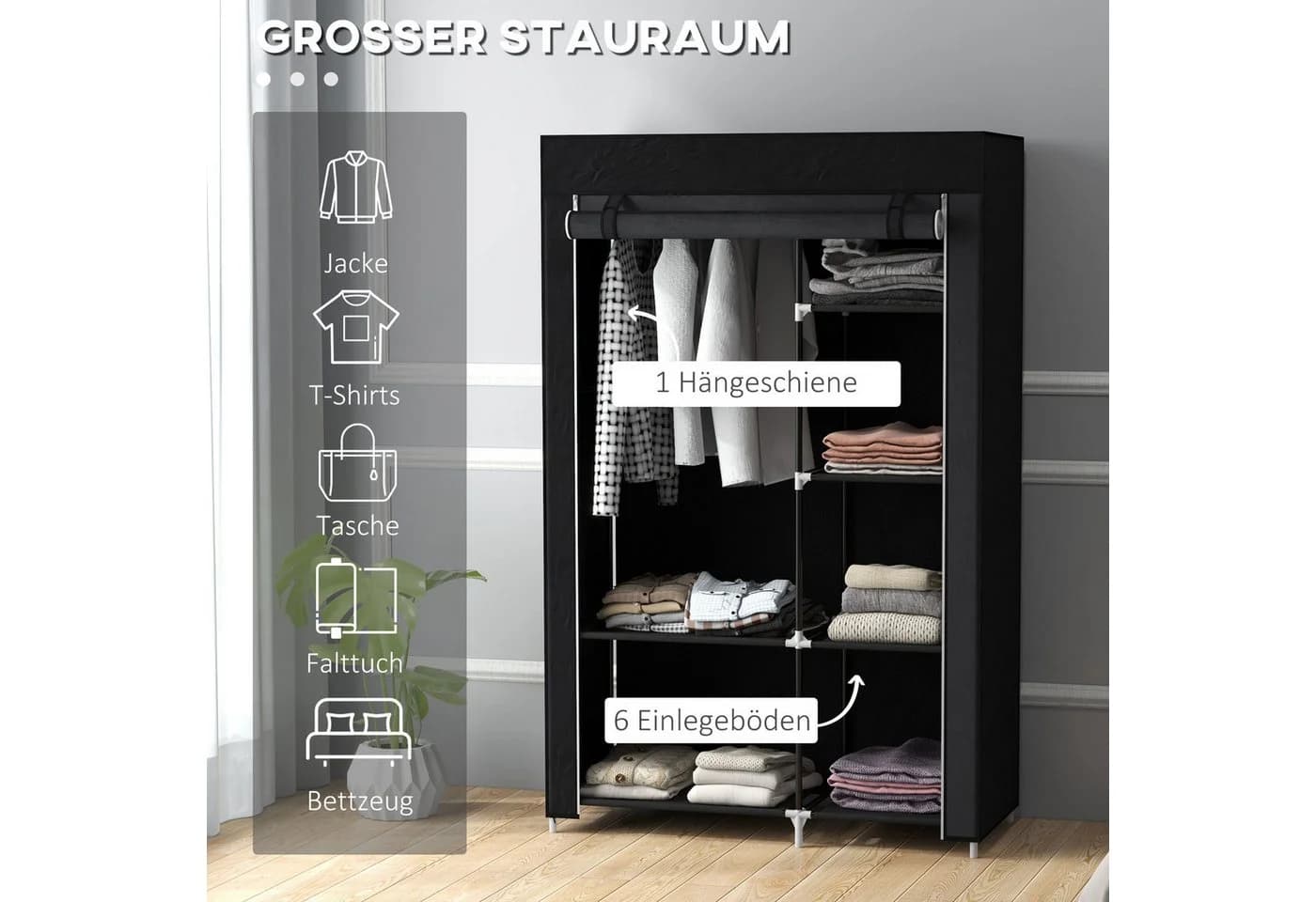 MC Star Stoffschrank 6 Fächer Vliesoptik Faltgarderobe Schwarz - Bild 5