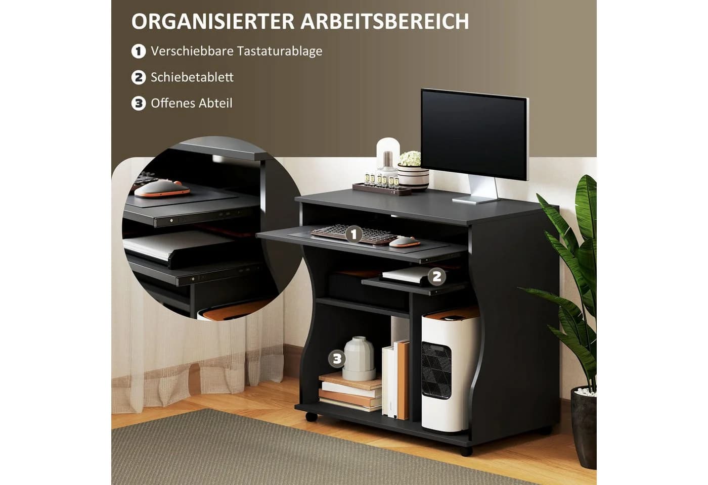 MC Star Computertisch mit Rollen und Tastaturablage Schwarz - Bild 3