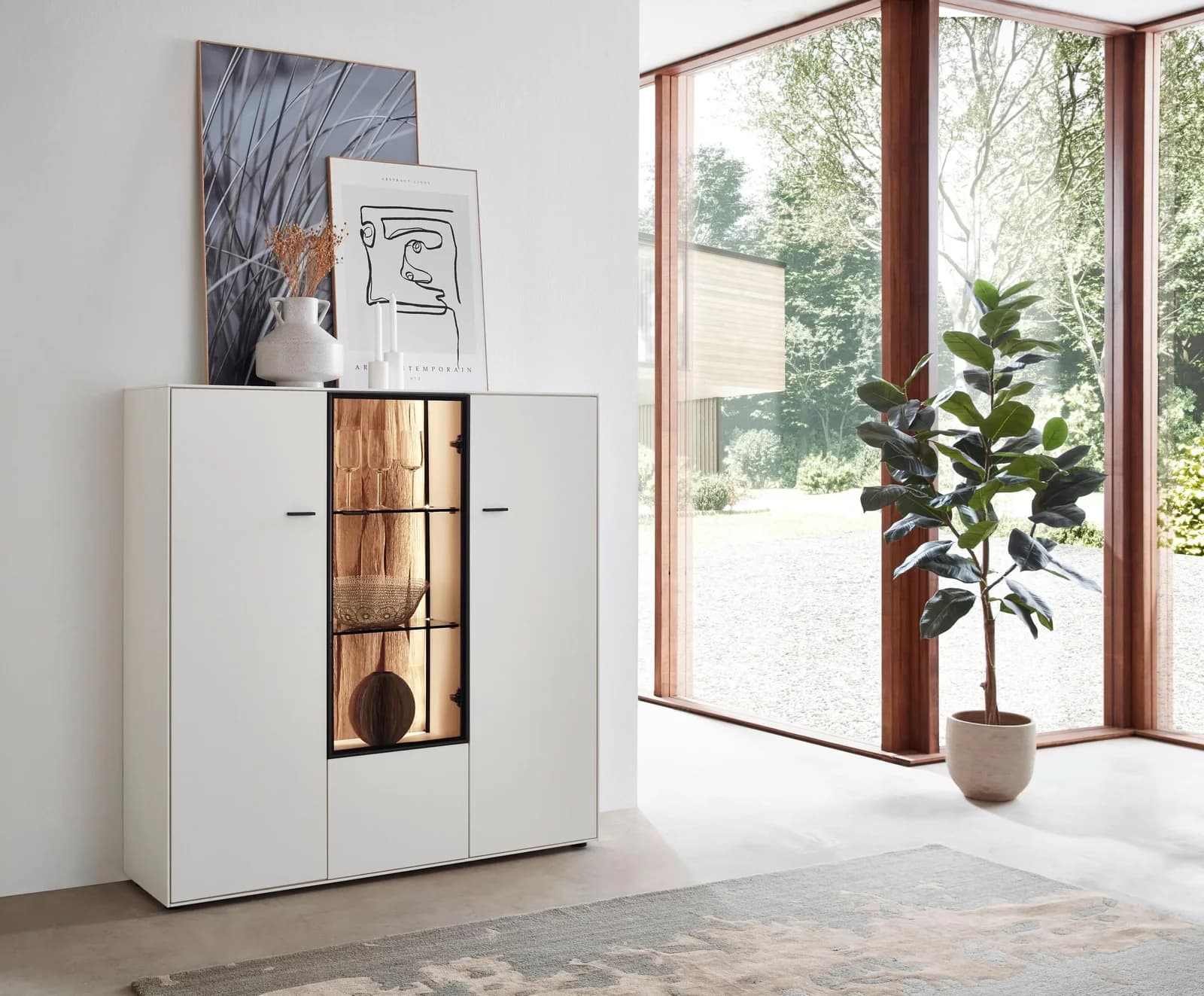 witlake Highboard FORTINO Weiß mit Glas- und Holztüren