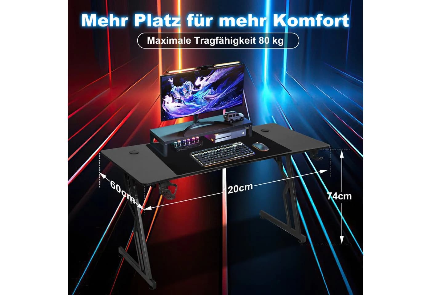 Clanmacy Gamingtisch Schwarz Ergonomische Z-Form mit Kabelmanagement