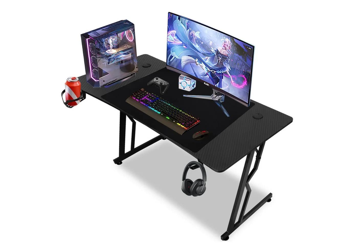 Clanmacy Gamingtisch Schwarz Ergonomische Z-Form mit Kabelmanagement - Bild 2