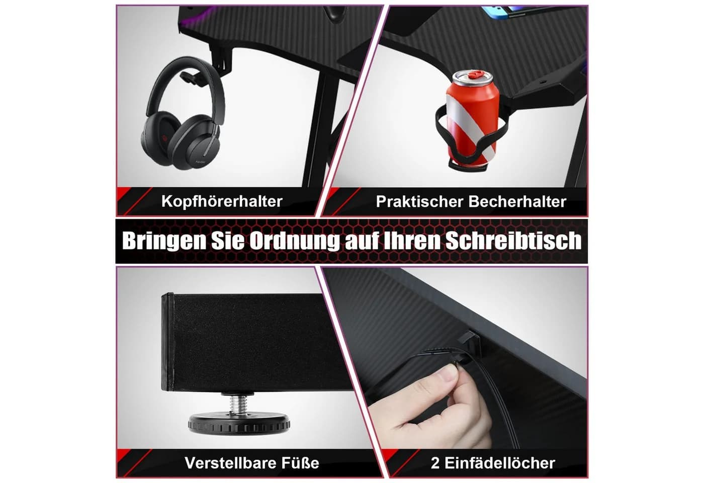 Clanmacy Gamingtisch Schwarz Ergonomische Z-Form mit Kabelmanagement - Bild 3