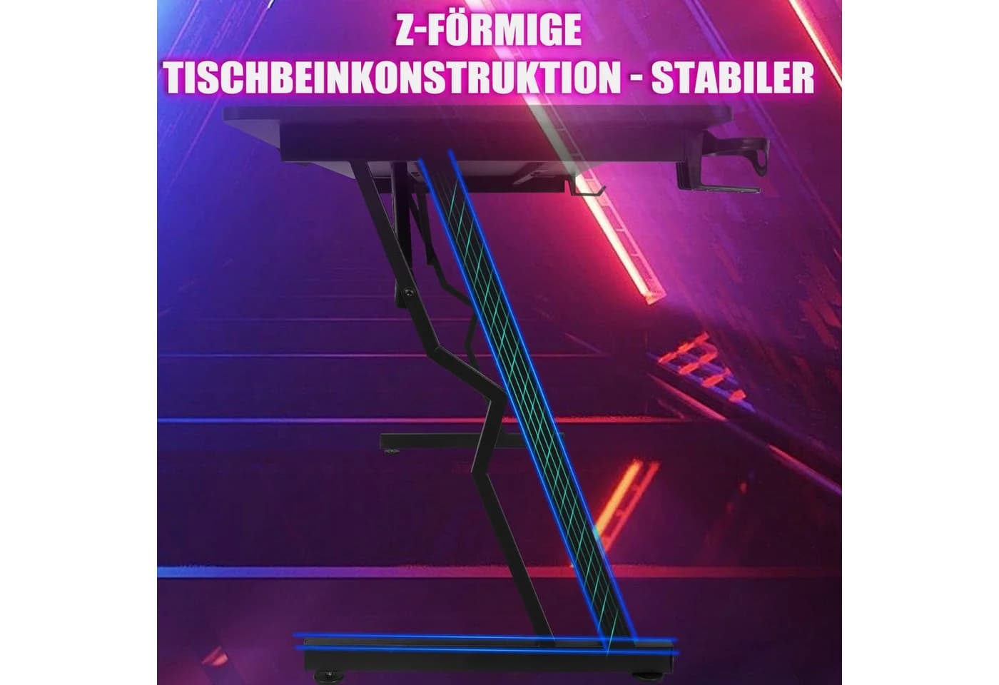 Clanmacy Gamingtisch Schwarz Ergonomische Z-Form mit Kabelmanagement - Bild 4