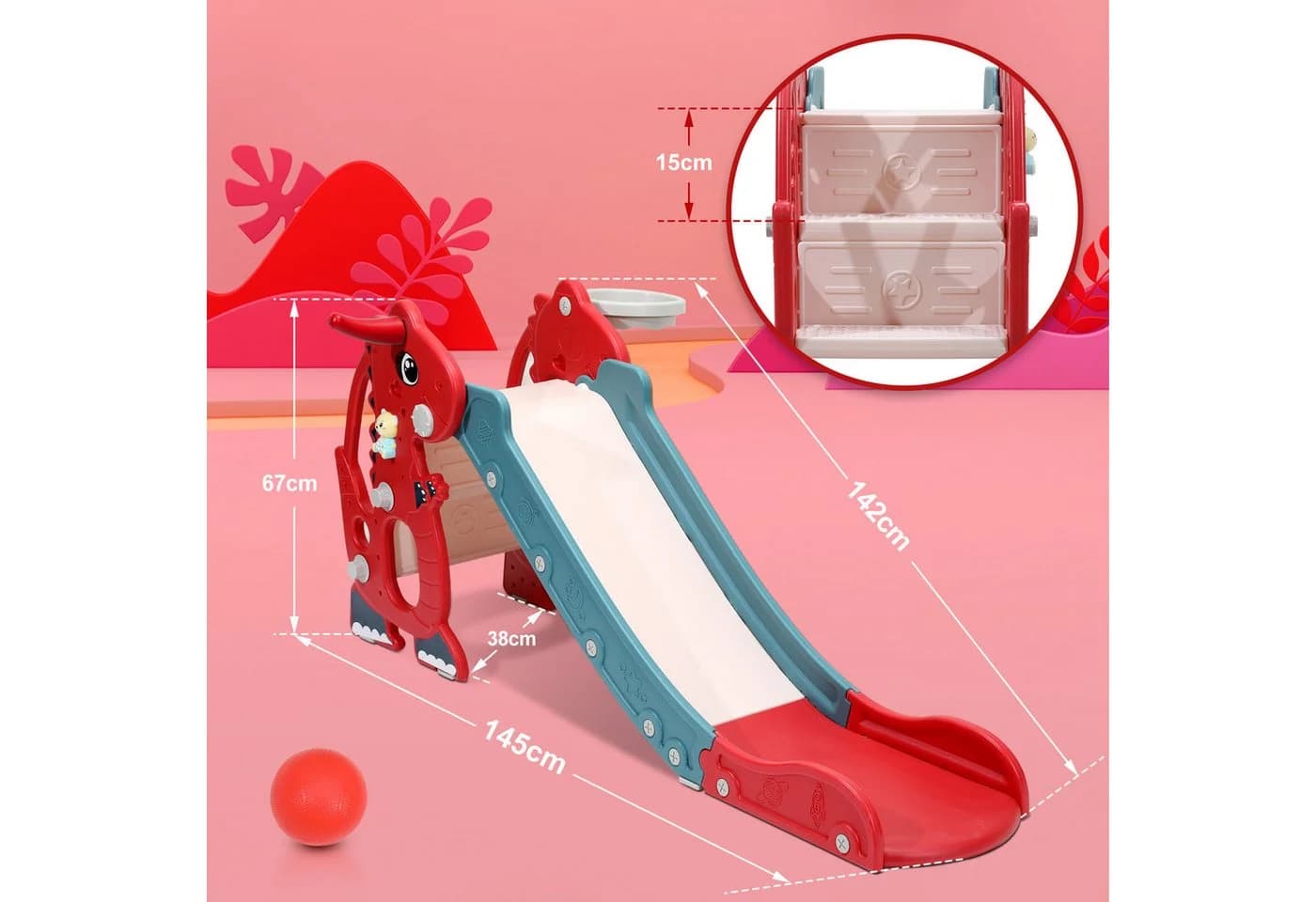 Clanmacy 4-in-1 Kinderrutsche mit Basketballkorb Rot