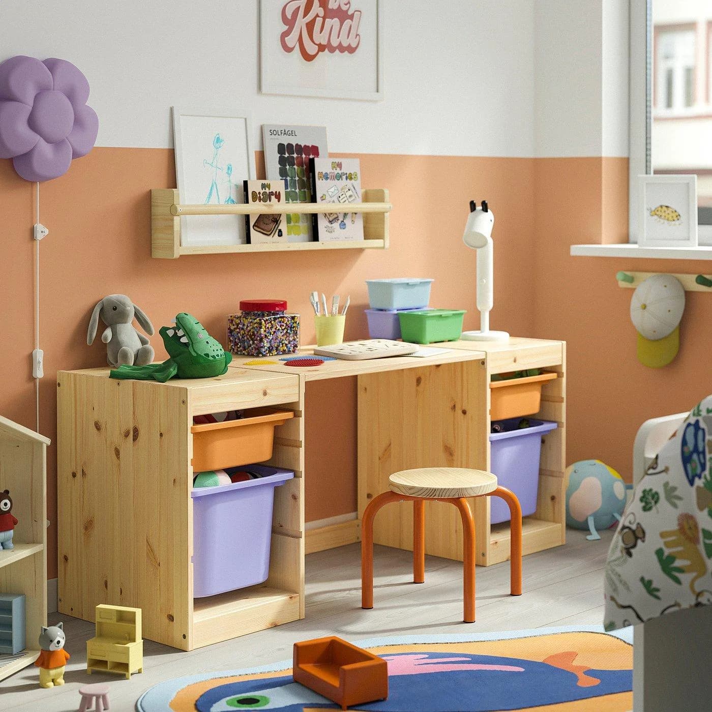 IKEA TROFAST Schreibtisch mit Boxen Kiefer Weiß/Orange/Violett