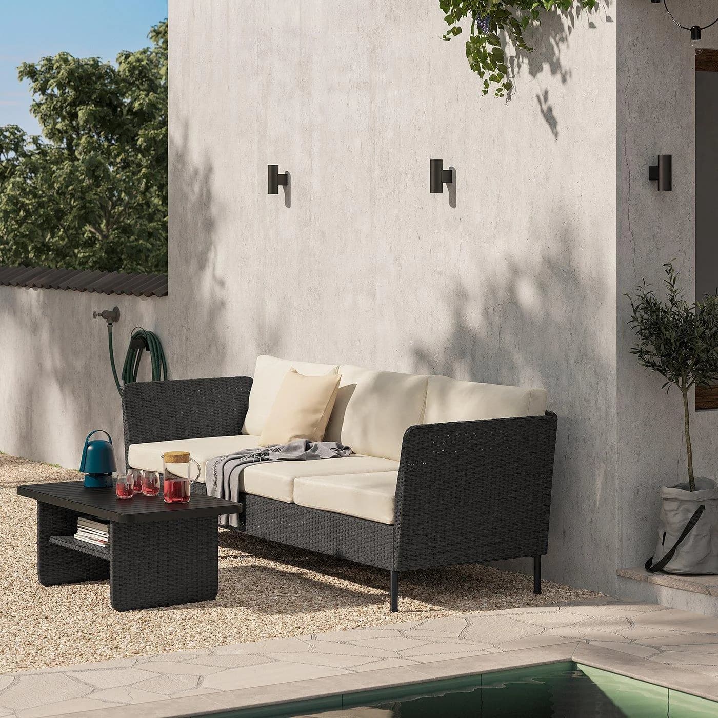 IKEA VITTSKÄR 3er-Sofa Dunkelgrau/Beige Kunststoffrattan