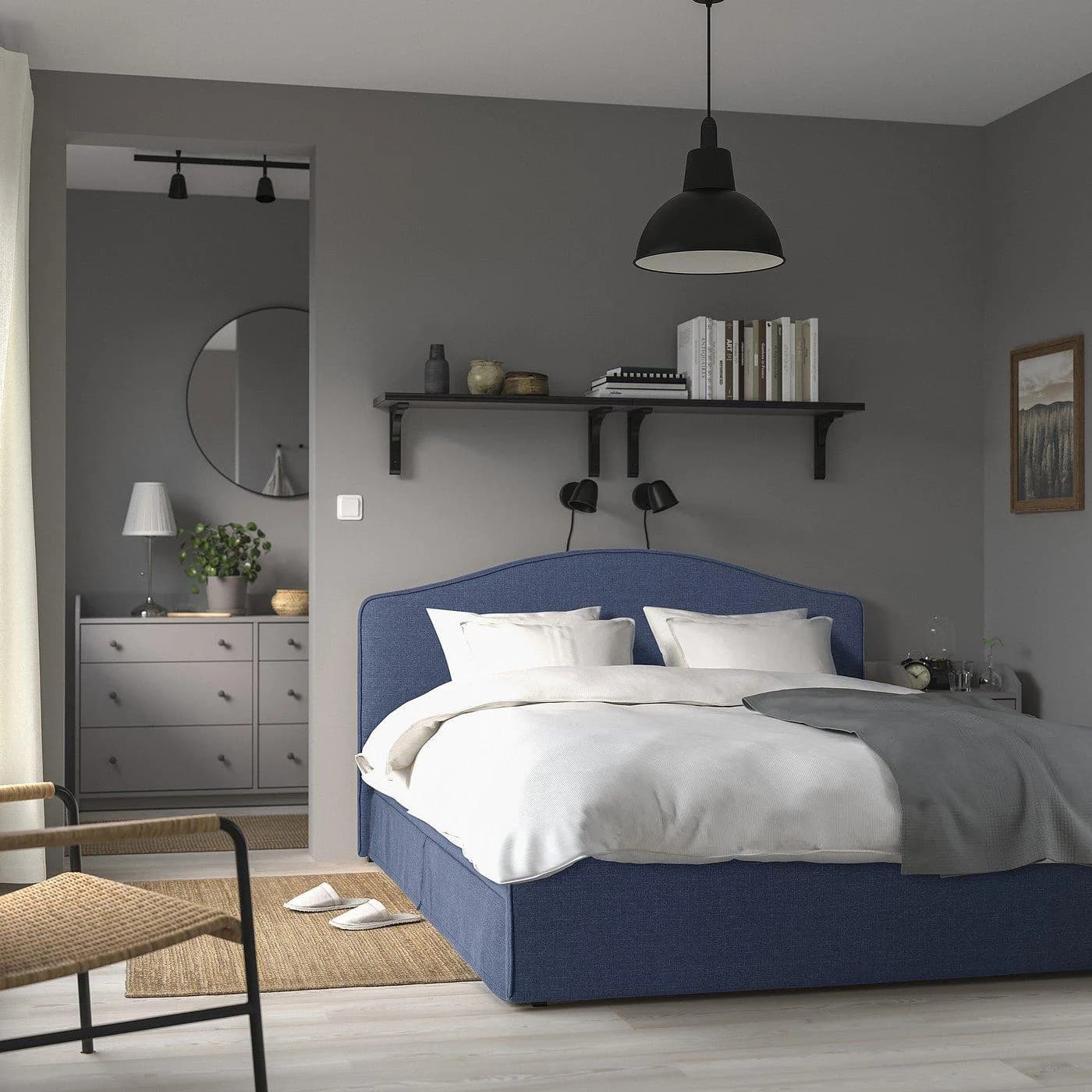 IKEA RAMNEFJÄLL Bettgestell gepolstert Dunkelblau