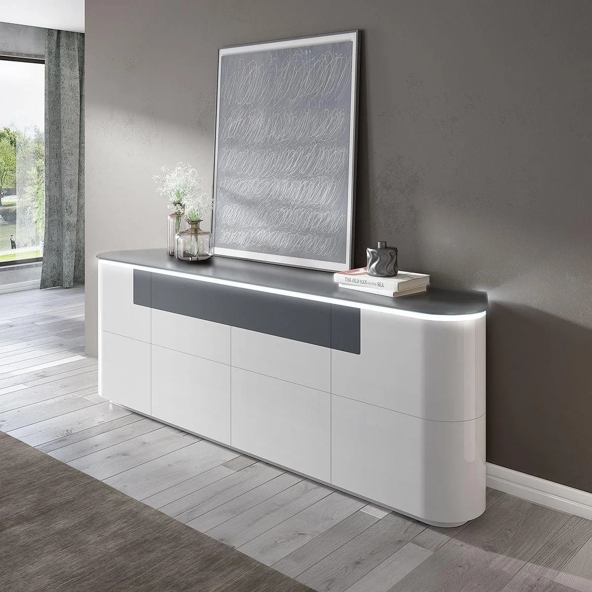 Sideboard DSIGN ESANO Weiß Anthrazit Hochglanz mit LED