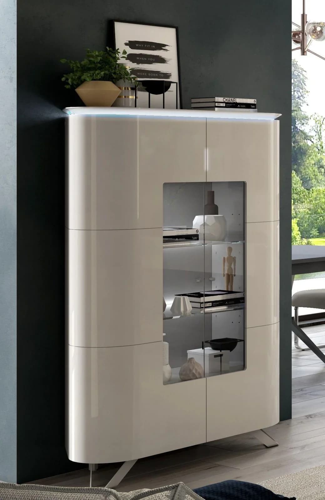 DSIGN ESANO Highboard hellbeige Hochglanz mit LED & Soft-Close