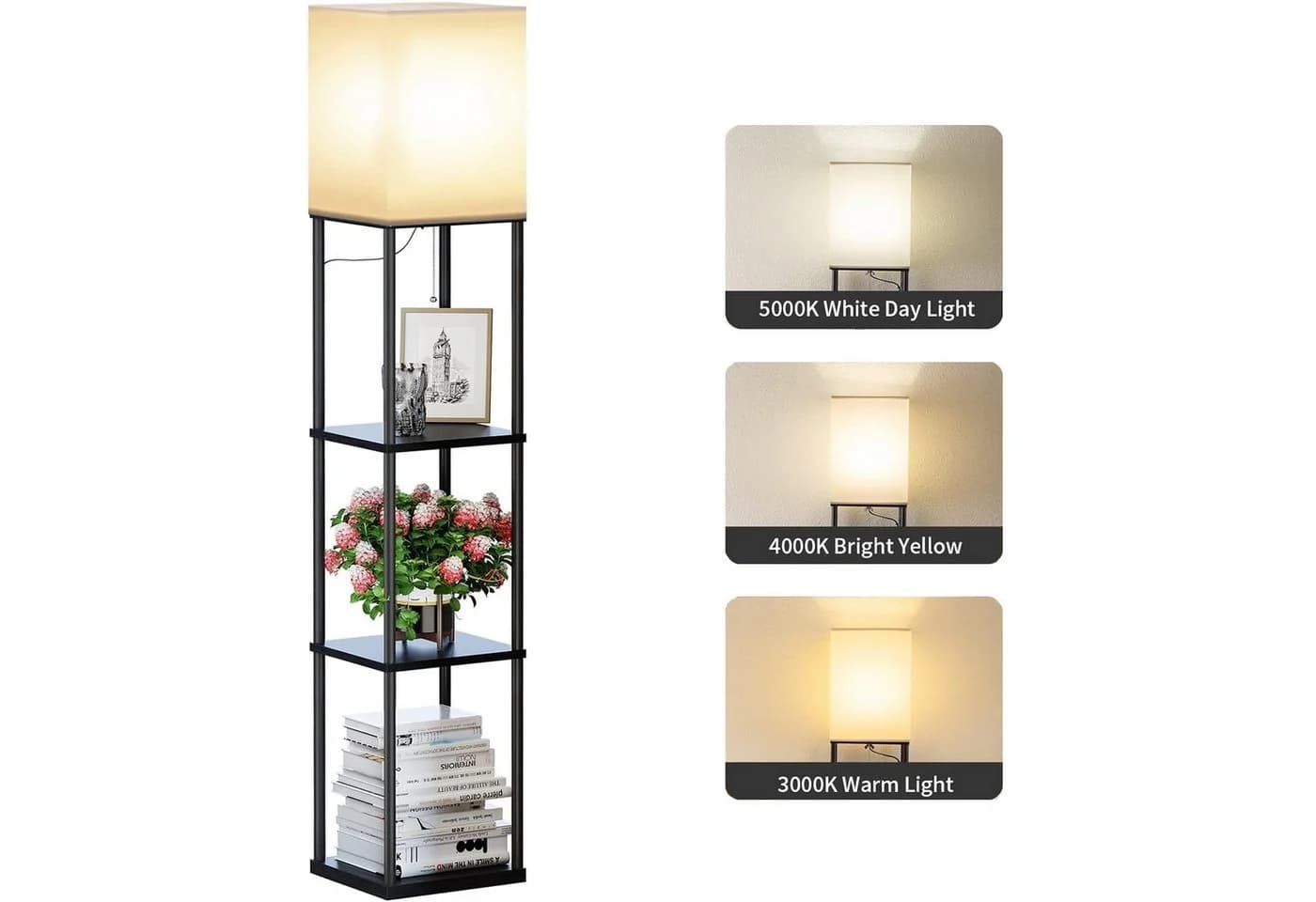 TUWENA Stehleuchte mit Regal Schwarz E27 LED Dimmbar