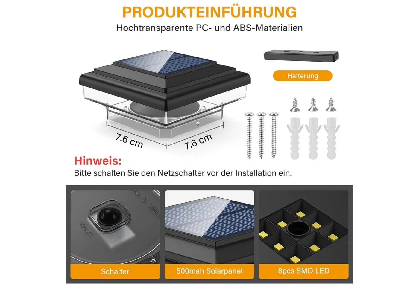 TUWENA Solar Pfostenkappe 2er Set IP65 Wasserdicht für Gartenpfosten - Bild 5