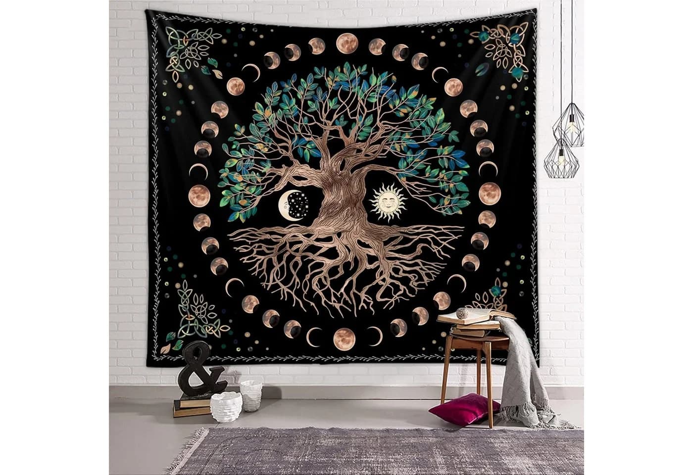 TUWENA Wandteppich Baum des Lebens Mondphasen Tapestry Bunt