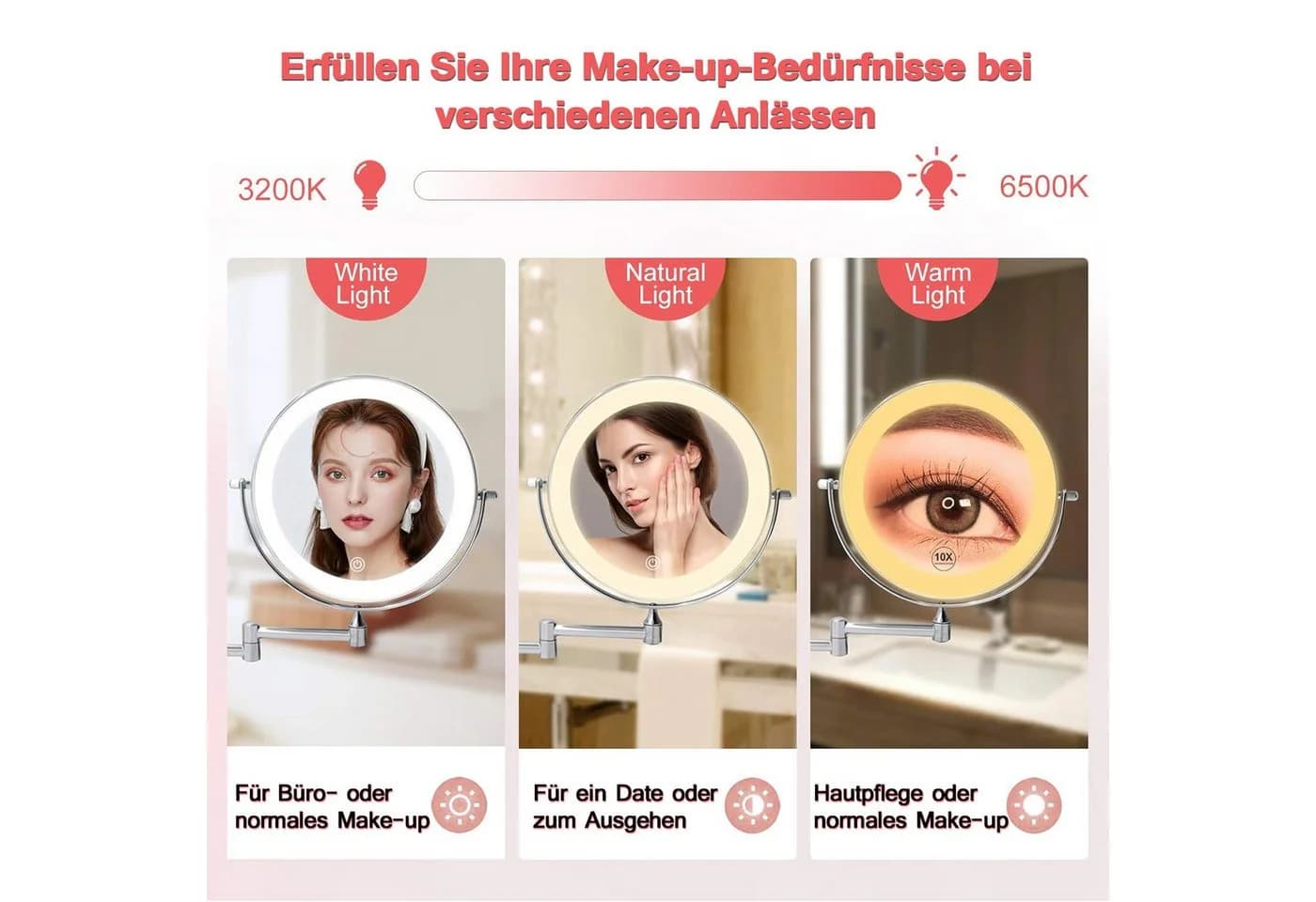 TUWENA Badspiegel LED Beleuchtung 10-fach Vergrößerung