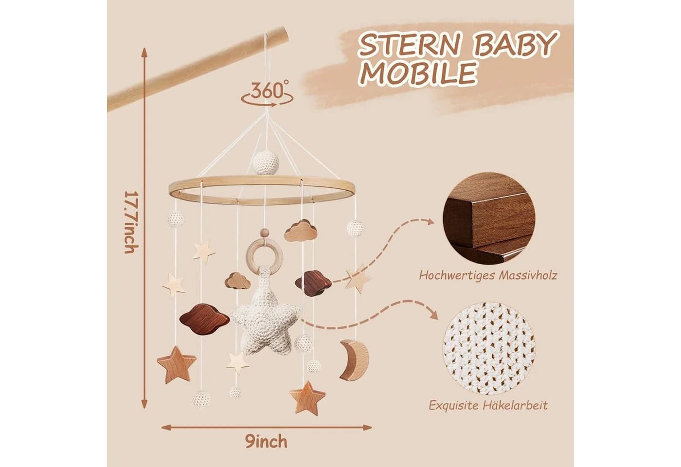 TUWENA Windspiel Mobile Baby Bettglocke mit Sternen Cremefarben