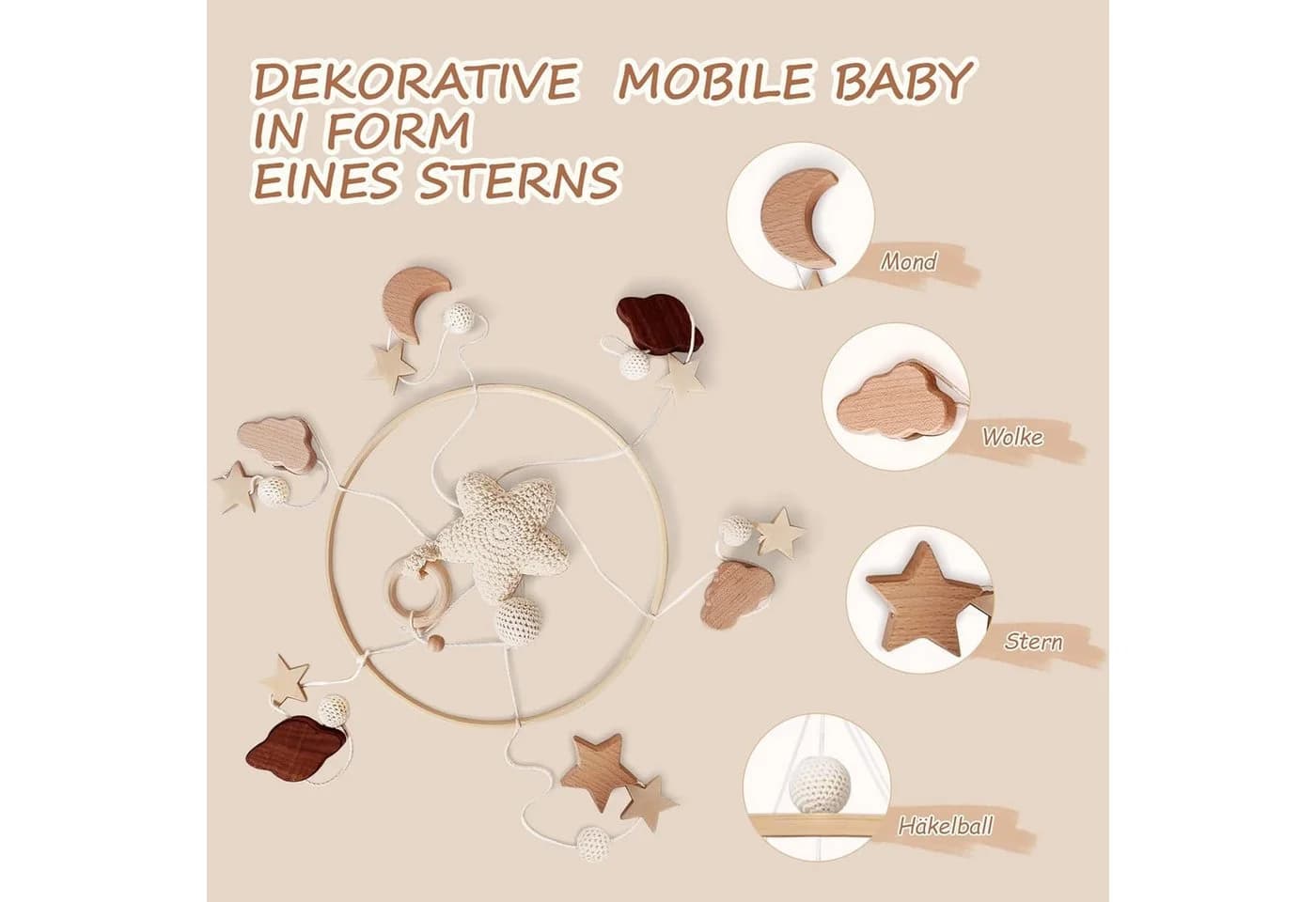 TUWENA Windspiel Mobile Baby Bettglocke mit Sternen Cremefarben - Bild 3