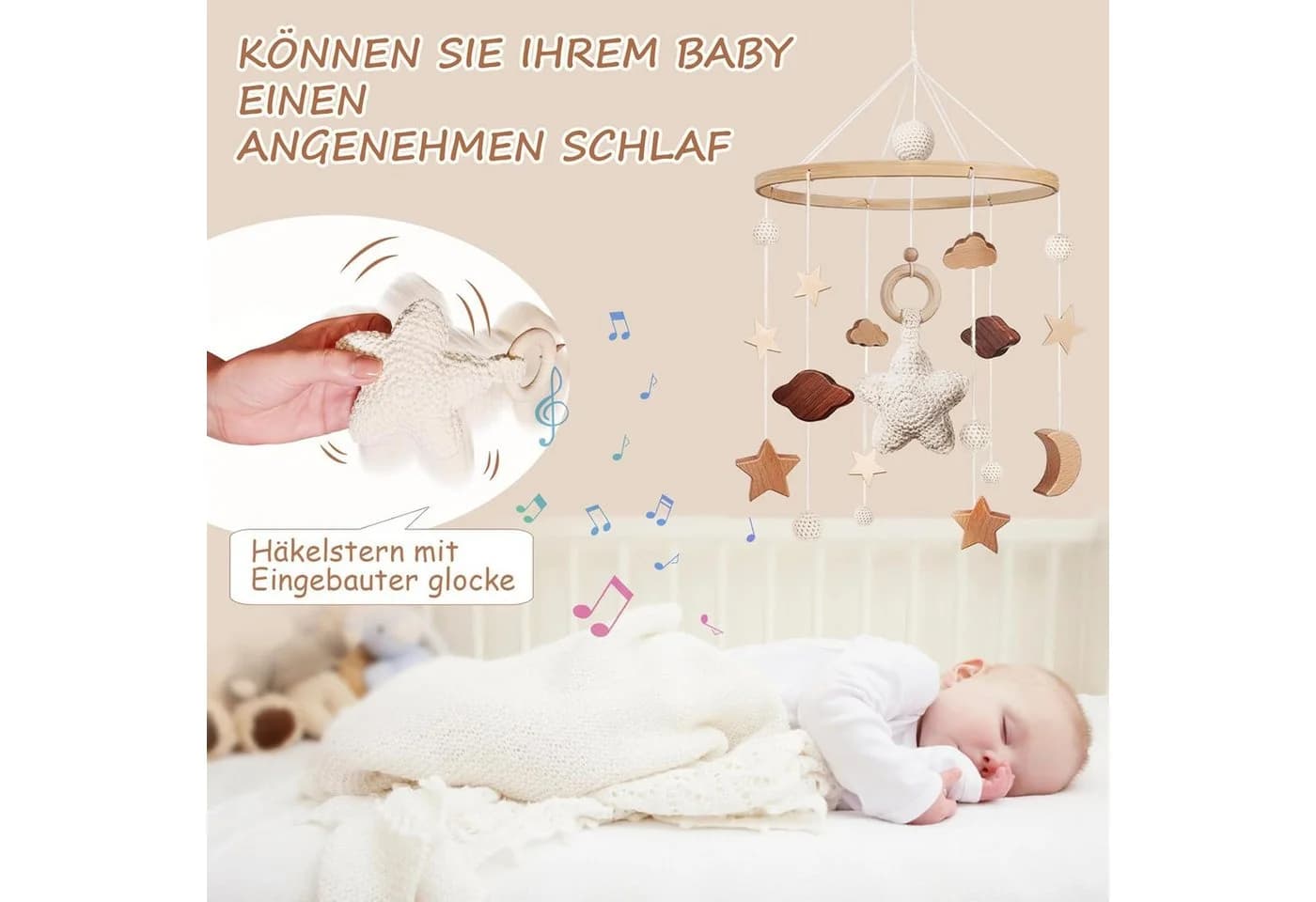 TUWENA Windspiel Mobile Baby Bettglocke mit Sternen Cremefarben - Bild 4