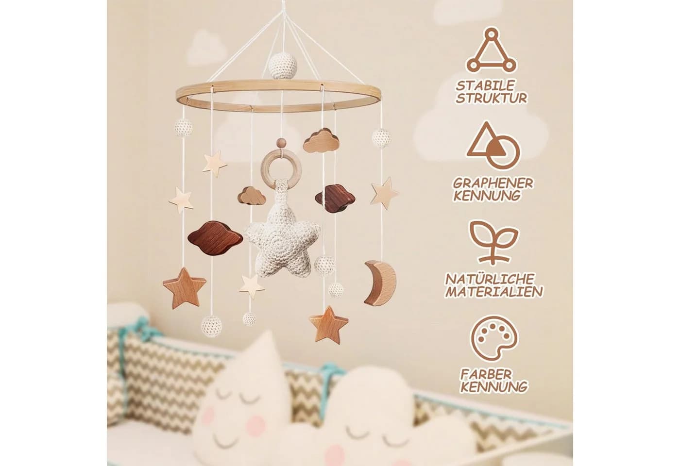 TUWENA Windspiel Mobile Baby Bettglocke mit Sternen Cremefarben - Bild 5