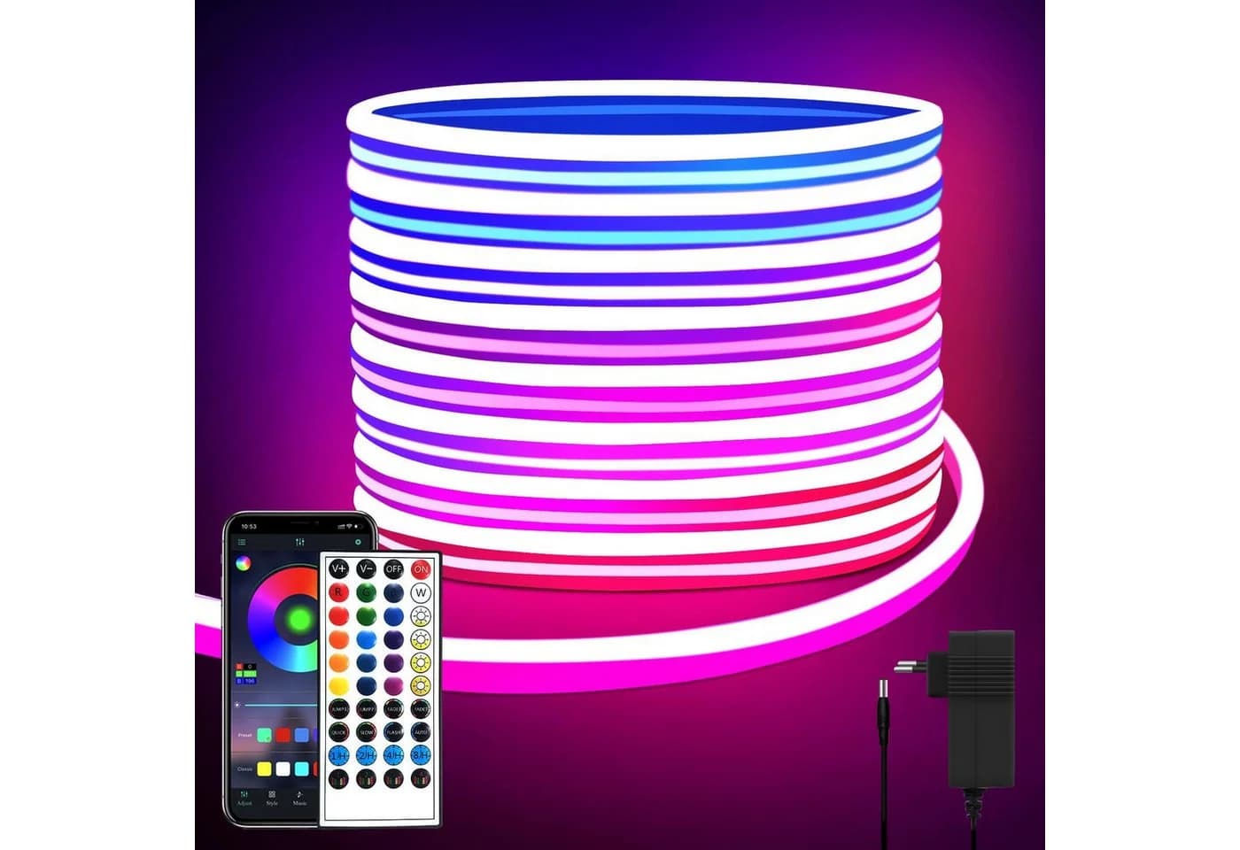 TUWENA LED Stripe 10m Neon mit Fernbedienung, Wasserdichte Flexible RGB Seil Lampe - Bild 2