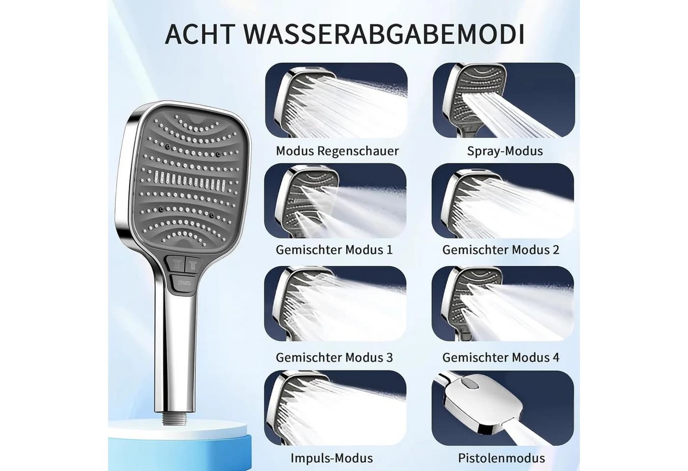 TUWENA Handbrause Duschkopf 8 Strahlarten Silber Chrom