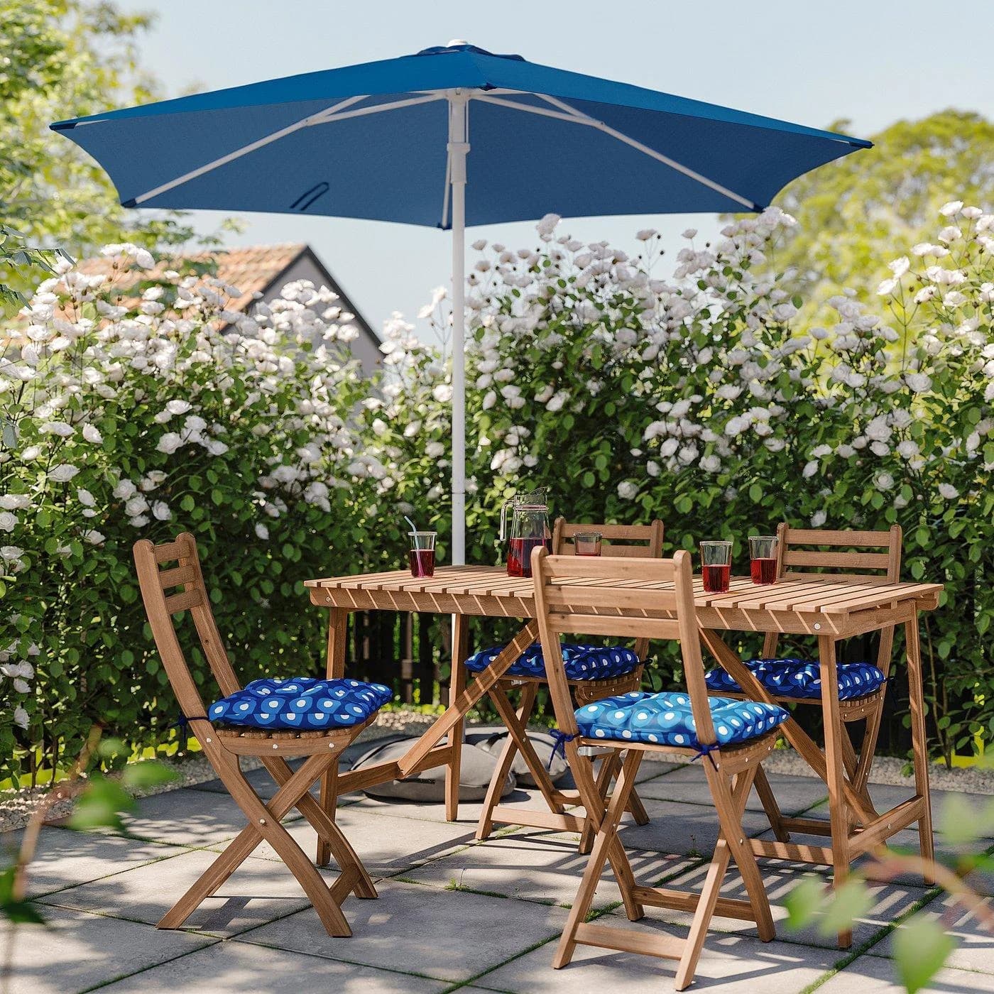 IKEA ASKHOLMEN Tisch+4 Klappstühle Außen Dunkelbraun/Dunkelblau