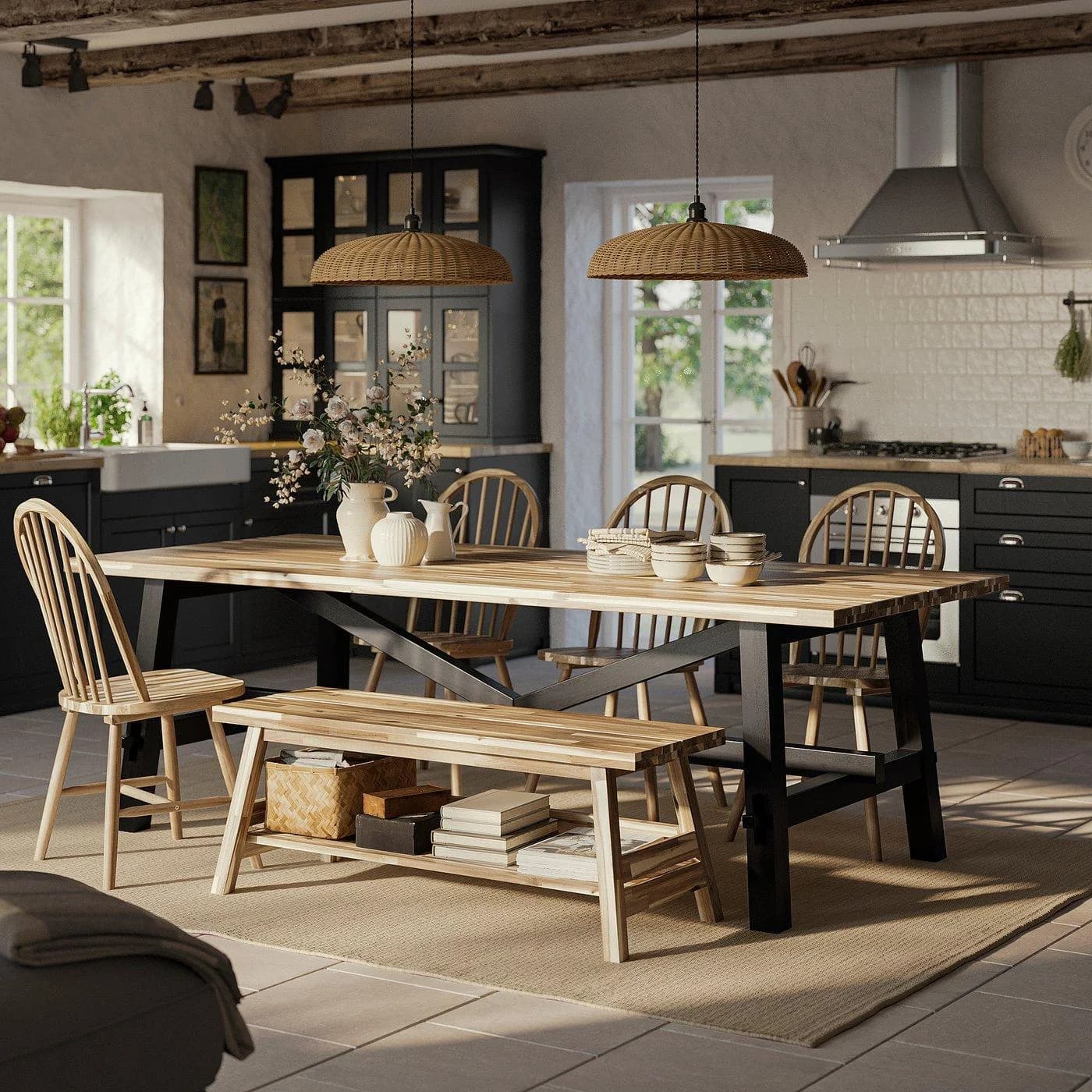 IKEA SKOGSTA Esstisch mit 4 Stühlen und Bank Akazie Schwarz