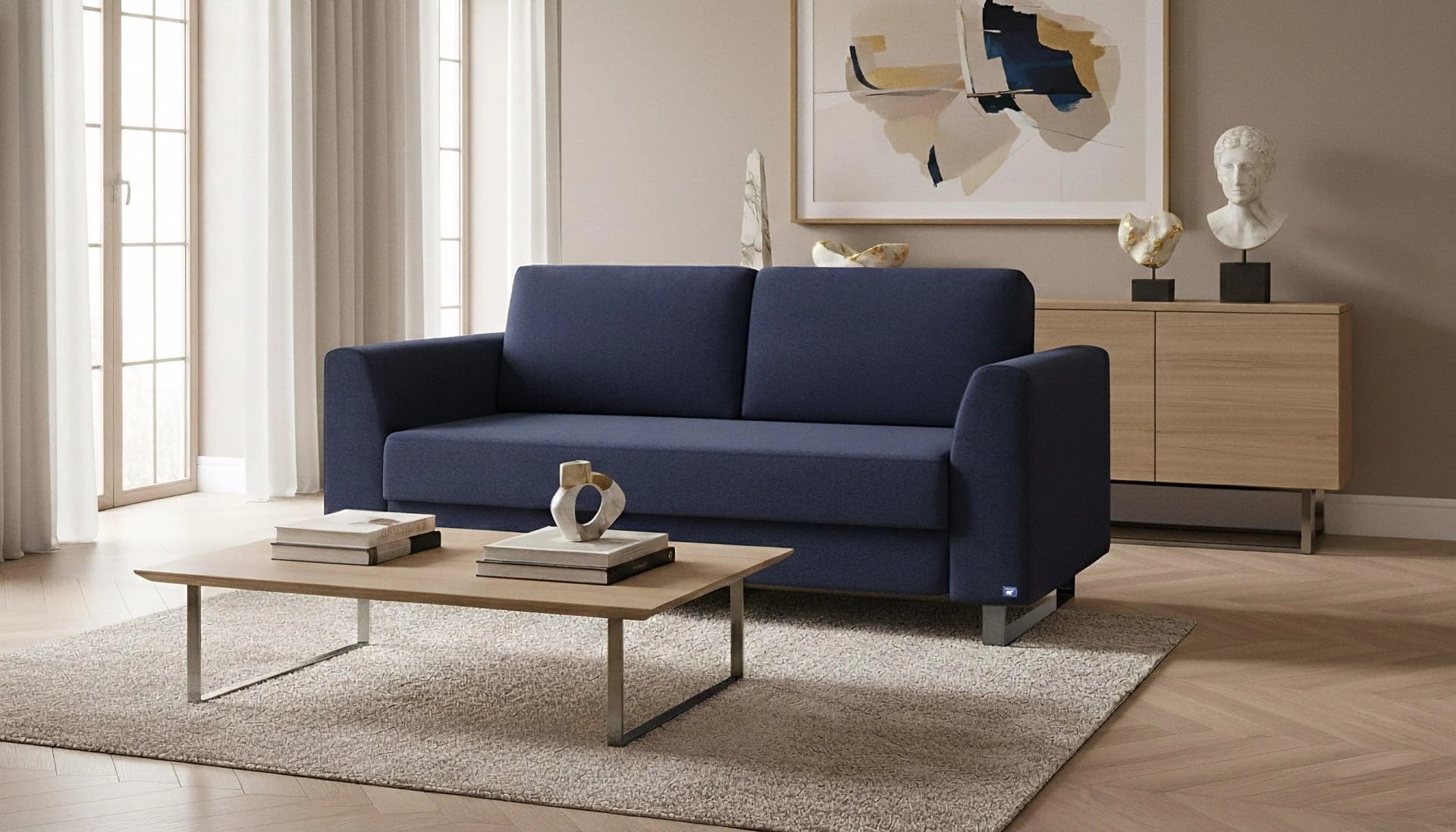 BRUNO Schlafsofa 160cm Blau Boxspring & Massivholz