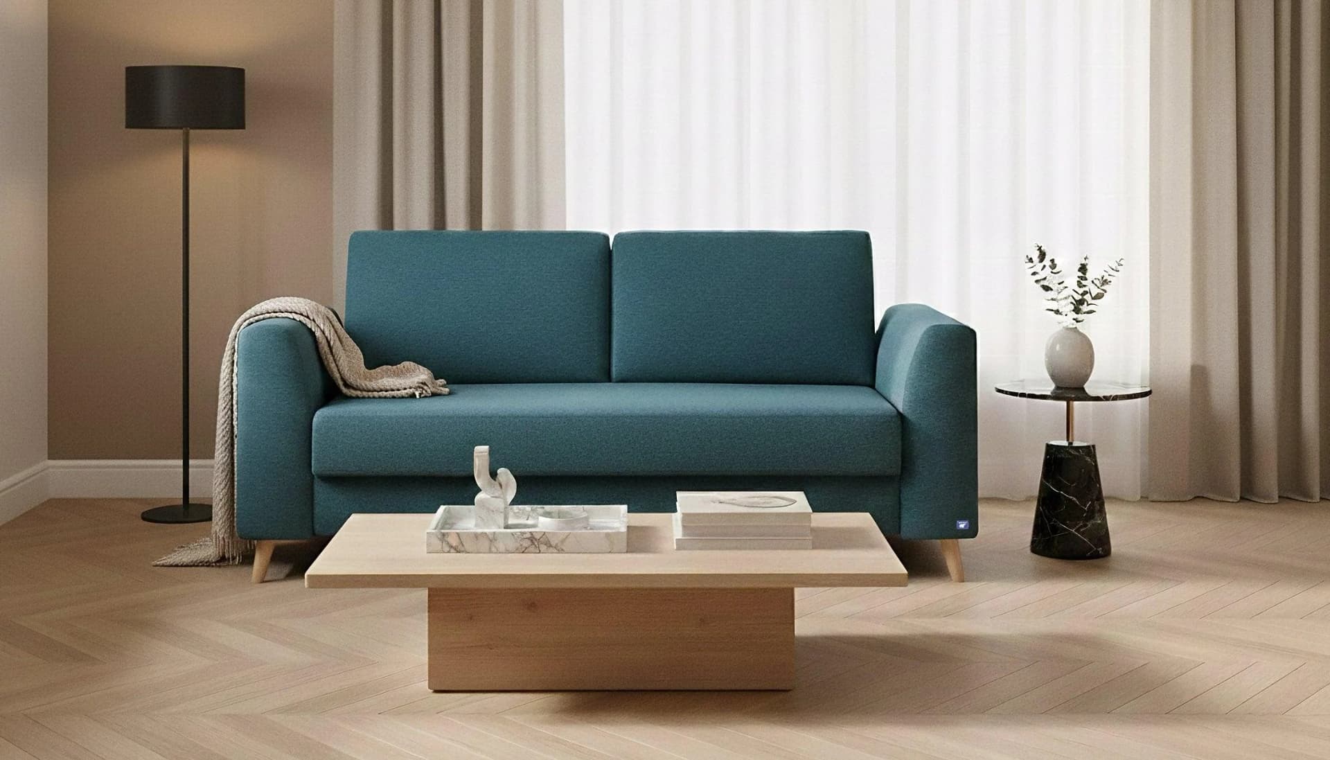 BRUNO Schlafsofa 140cm Petrol Türkis Boxspring & Massivholz