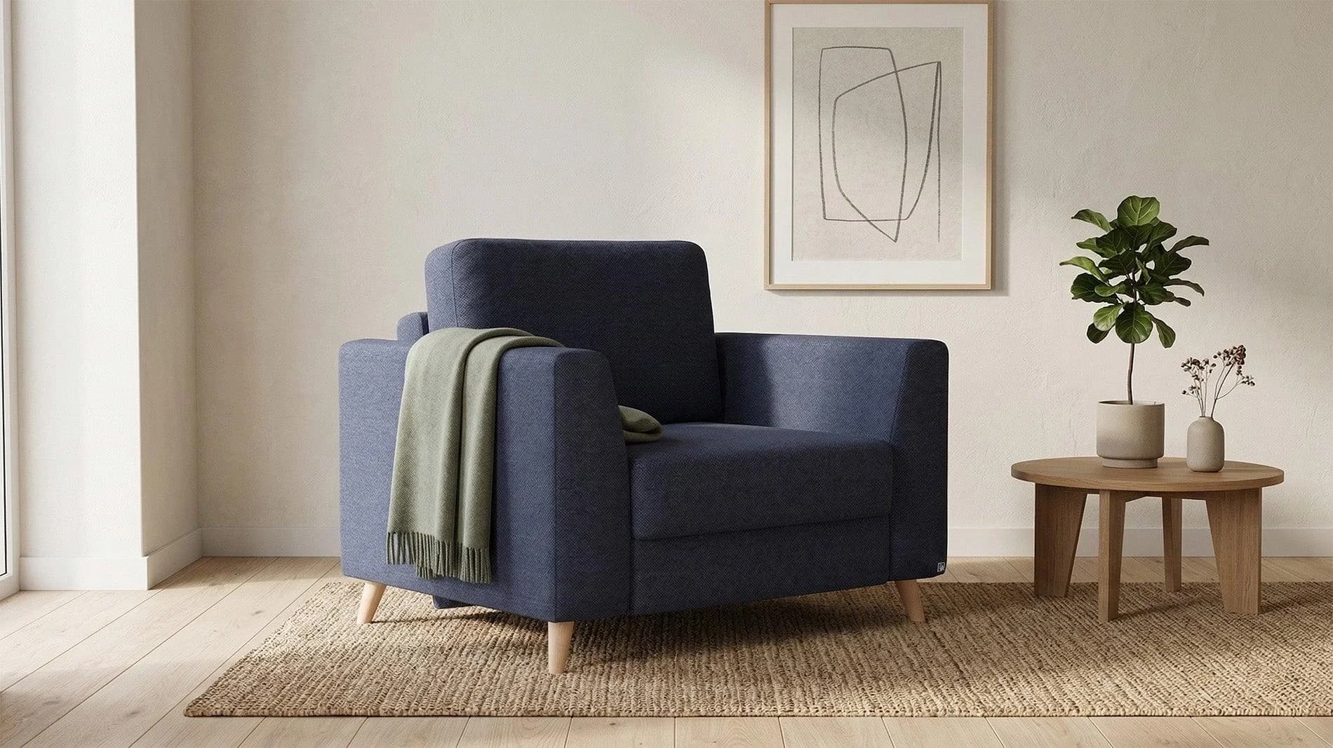 BRUNO Schlafsessel Blau Boxspring & Massivholz