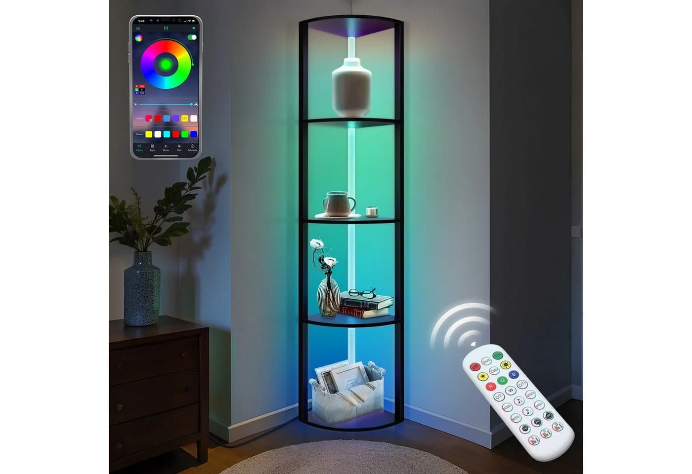 XERSEK Stehlampe Dimmbar LED Stehleuchte Bücherregal Regal aus Holz App Fernbedienung, 5 Ebenen Eckregal, RGB, Warm- / Weißes