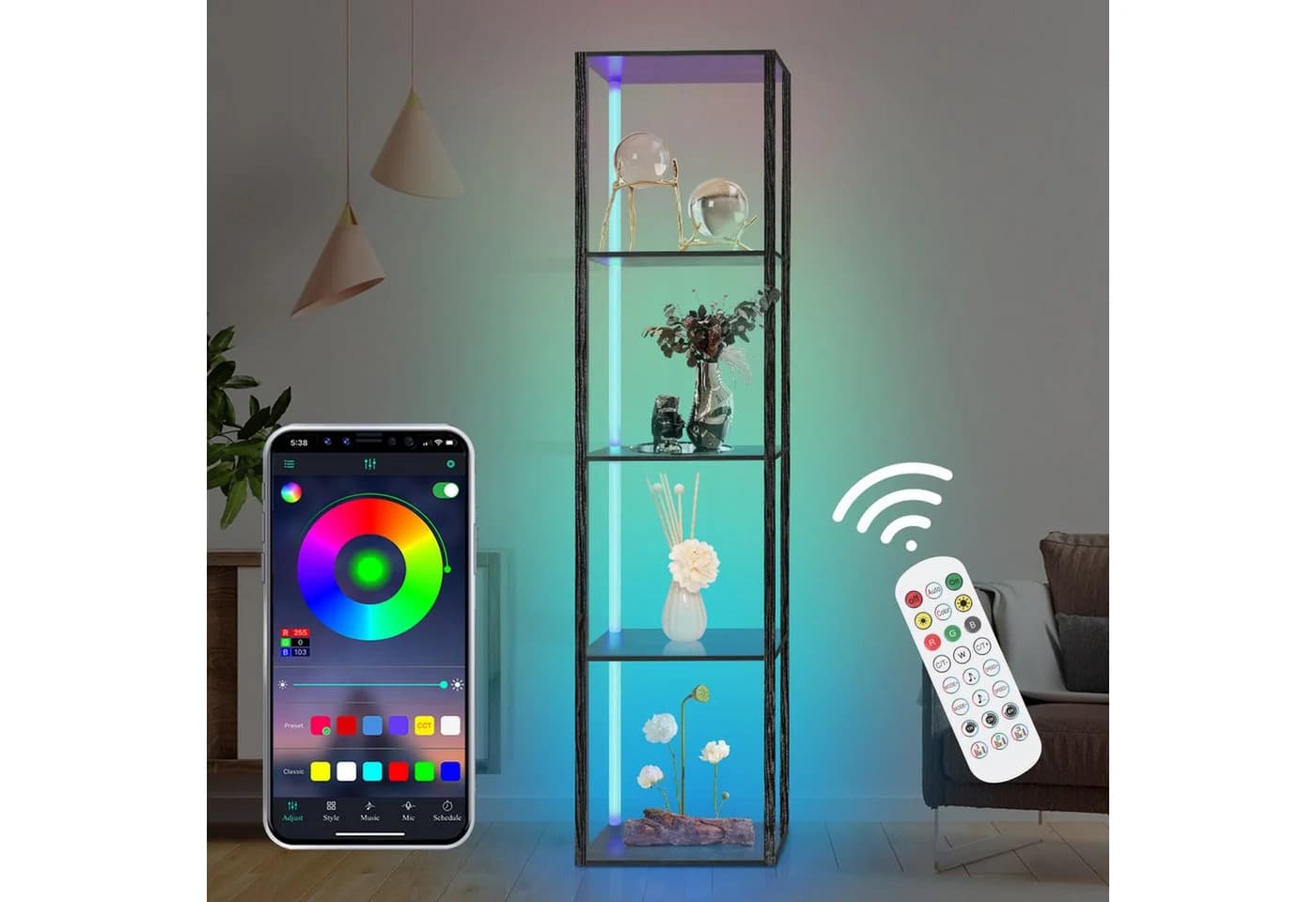 XERSEK Eckregal LED Standregal Bücherregal Vitrine Dimmbar mit APP & Fernbedienung, Metallrahmen Regal 4-6 Ablagen - Bild 2