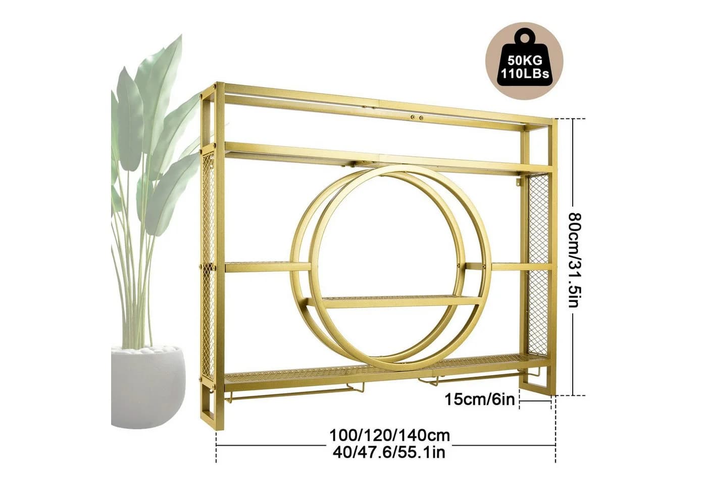 XERSEK Weinregal Wandmontage Schwarz Gold 3 Ebenen