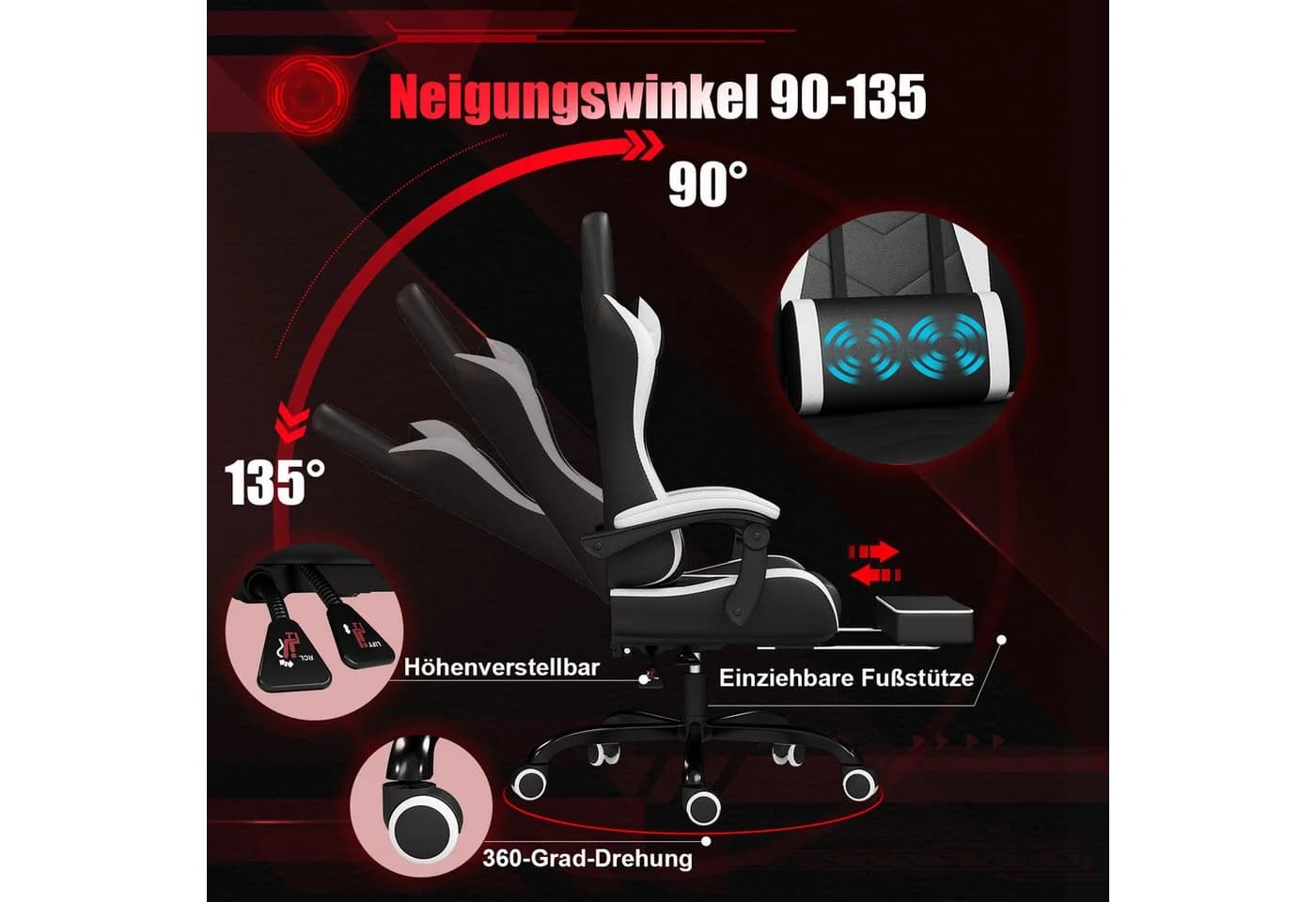 HOMALL Gaming-Stuhl mit Massagefunktion Weiß Ergonomisch - Bild 3