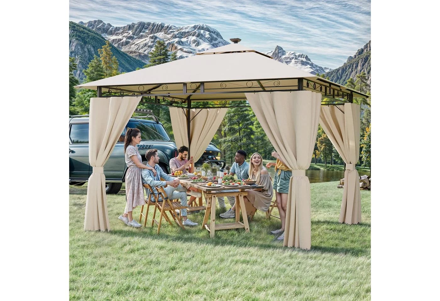HOMALL Gartenpavillon Beige mit Solarleuchten und Seitenwänden - Bild 2