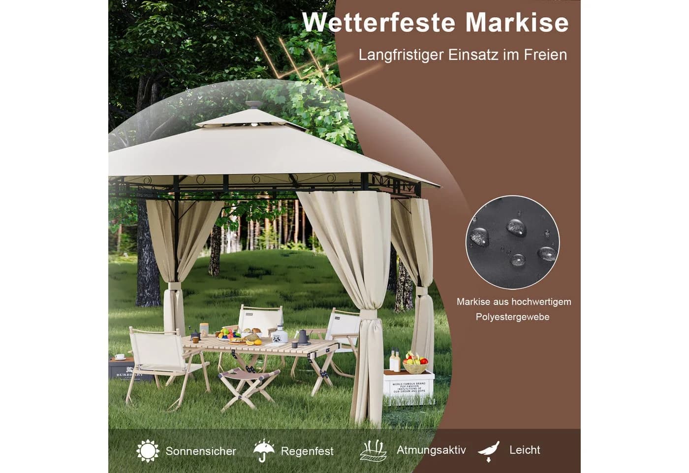 HOMALL Gartenpavillon Beige mit Solarleuchten und Seitenwänden - Bild 4