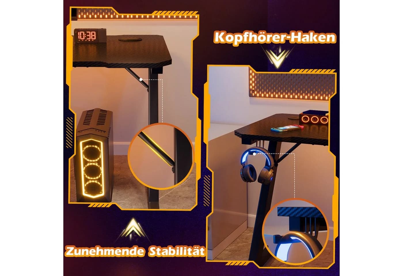 GUNJI Gamingtisch Z-Fuß Carbonfaser Schwarz mit Kopfhörerhaken - Bild 3