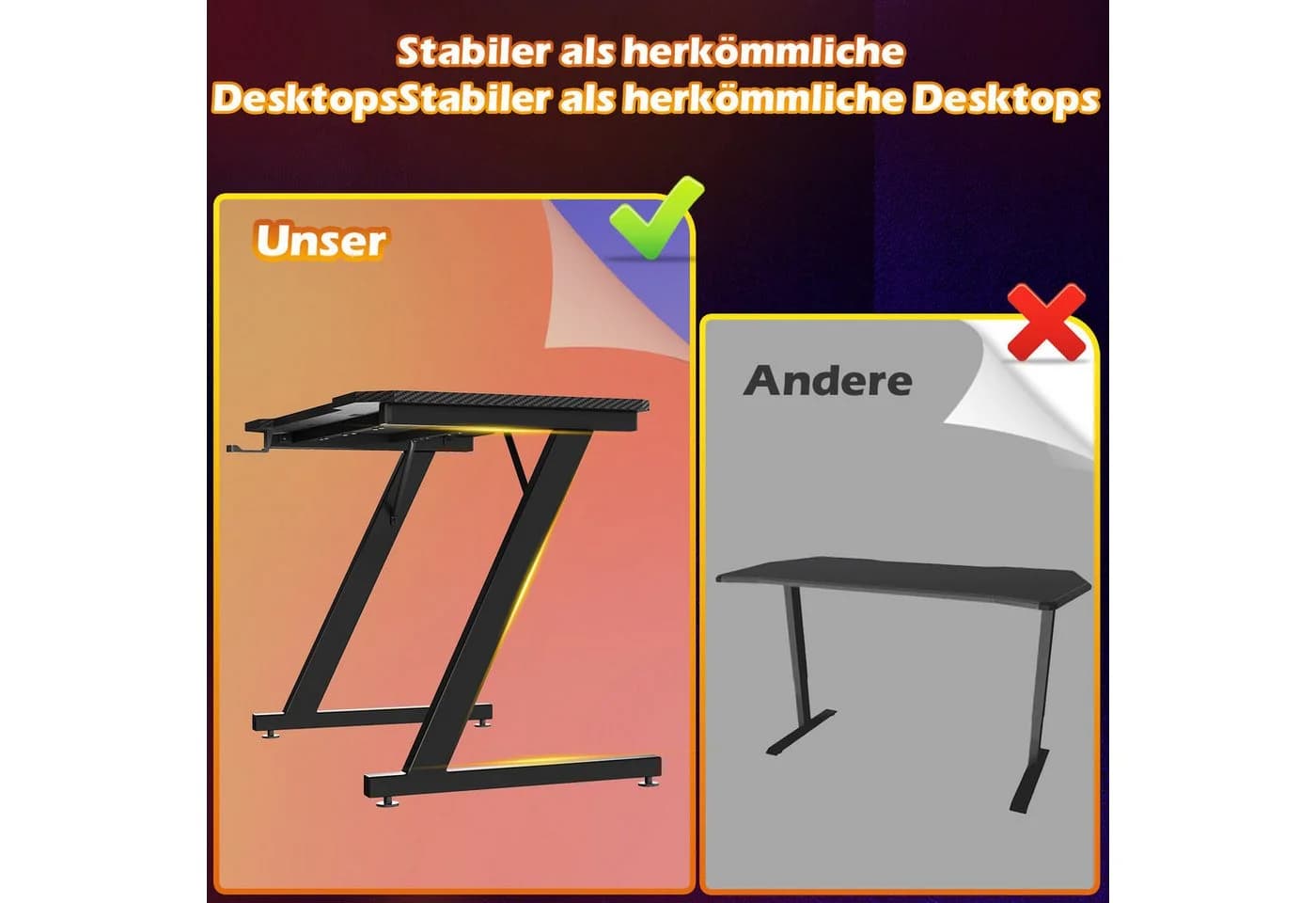 GUNJI Gamingtisch Z-Fuß Carbonfaser Schwarz mit Kopfhörerhaken - Bild 4