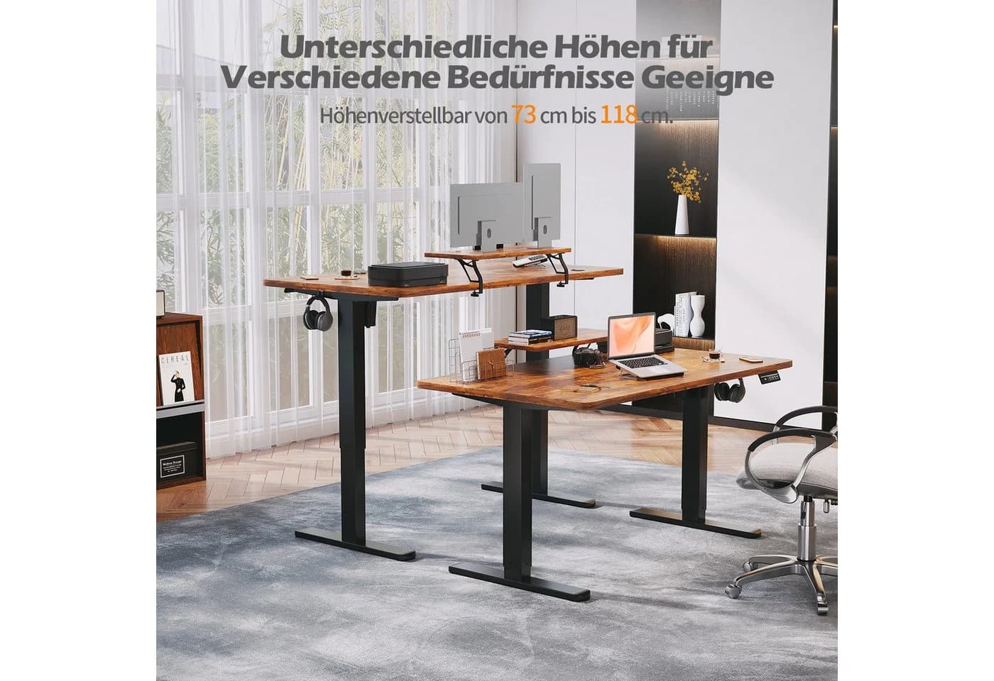 HOMALL Höhenverstellbarer Schreibtisch mit Monitorständer Braun - Bild 3