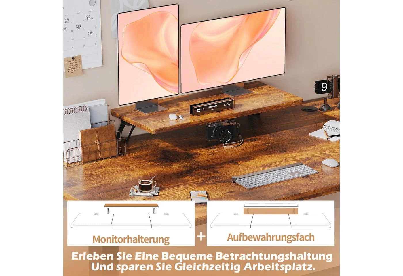 HOMALL Höhenverstellbarer Schreibtisch mit Monitorständer Braun - Bild 4