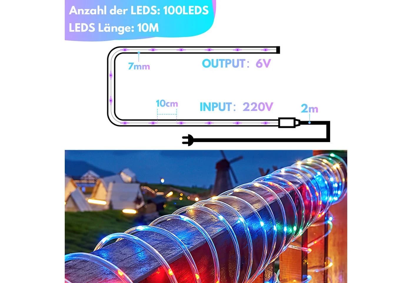 Clanmacy LED-Lichterschlauch 10m Bunt mit Timer & Fernbedienung
