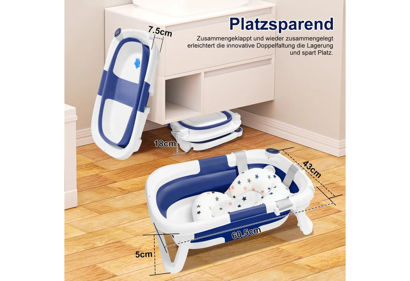 Clanmacy Faltbare Babybadewanne Blau mit Temperaturmessung und Badematte