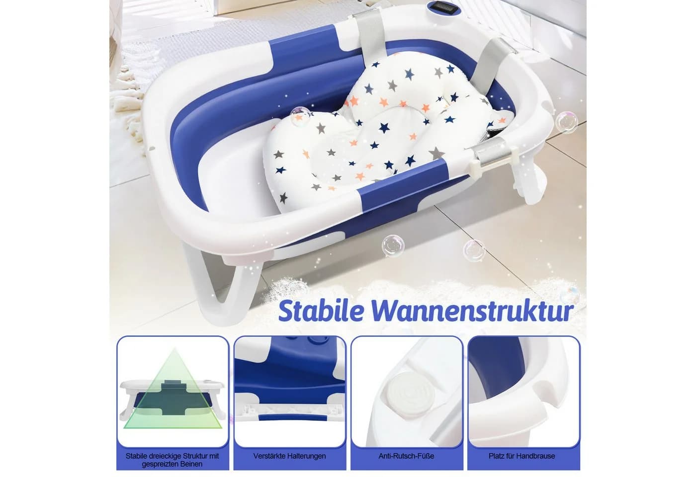Clanmacy Faltbare Babybadewanne Blau mit Temperaturmessung und Badematte - Bild 4