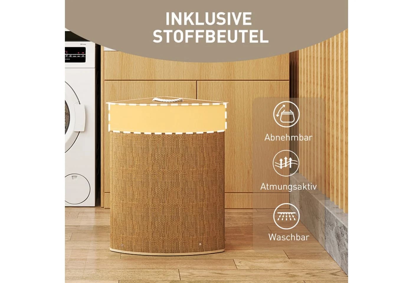 MC Star Wäschekorb Bambus mit Deckel 55L Eck Wäschesammler Braun - Bild 5