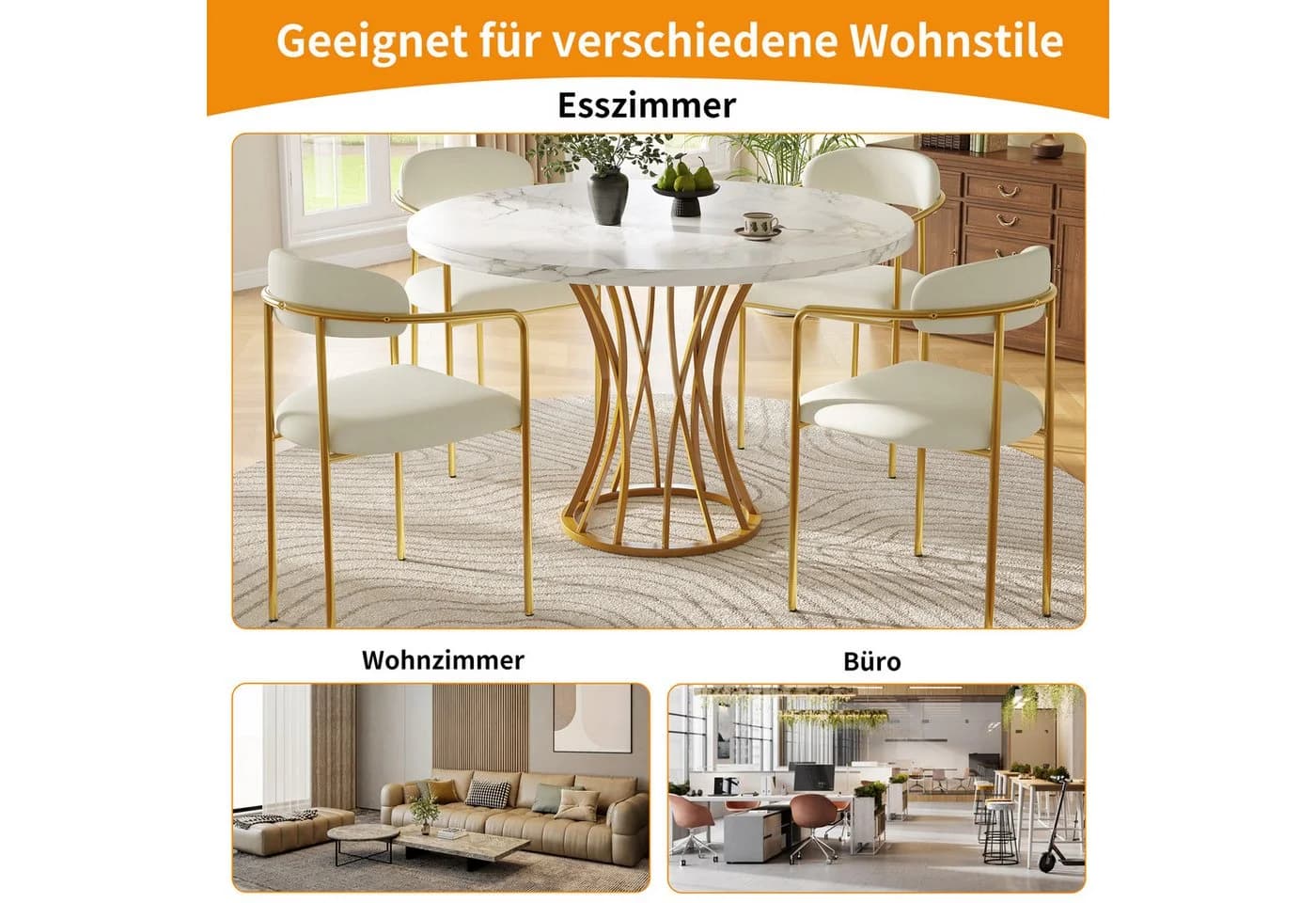 MC Star Runder Esstisch 80cm Gold MDF Marmor 4-6 Plätze - Bild 3