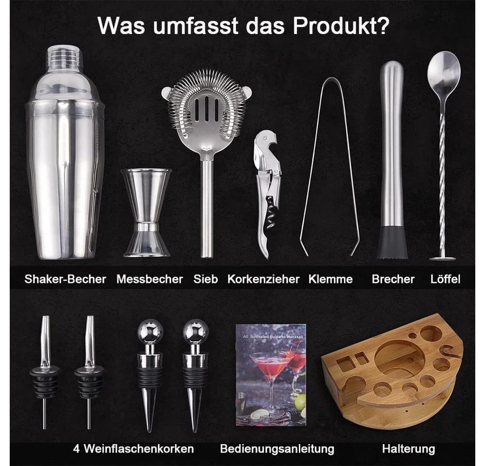 TUWENA Cocktail Shaker Set 12-tlg. Edelstahl Bambus